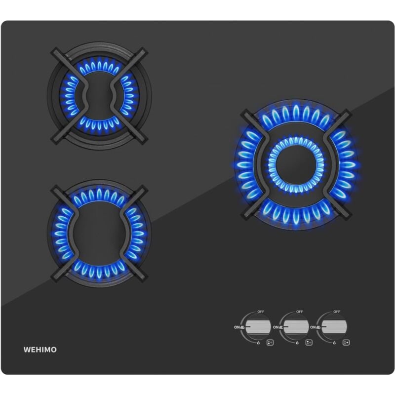Wehimo - Glas Gaskochfeld, IsEasy Gaskochfeld 3 Flammig mit Automatischer Thermoelementschutz, Einbau Gaskochfeld, 3 Zonen Gaskocher,