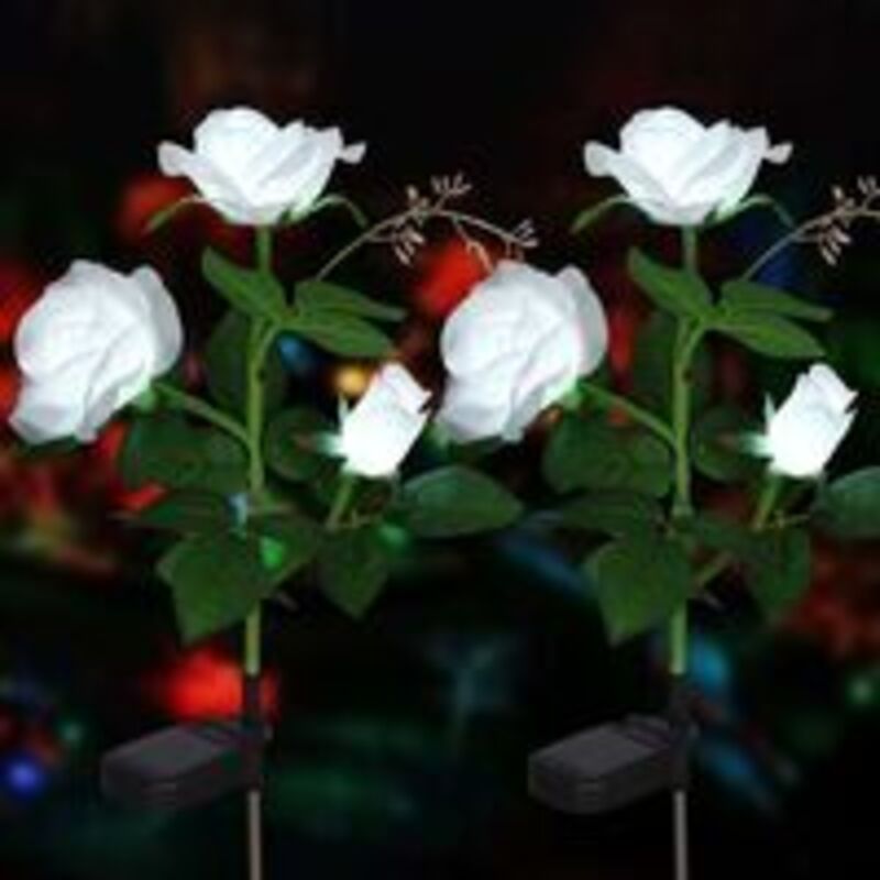 Weiß, 2) Künstliche Rosenblüten-Solarlichter, LED-Außendekoration, wasserdicht, IP44, Garten, Weihnachtsdekoration für draußen, Terrasse, Hinterhof,