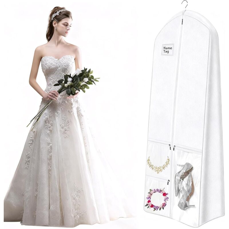 Weiß Kleidersack für Brautkleider, Faltbar Hochzeitskleider Kleidersacke Lang 180 cm, Brautkleider Schutzhülle mit Reißverschlüssen für Brautkleid