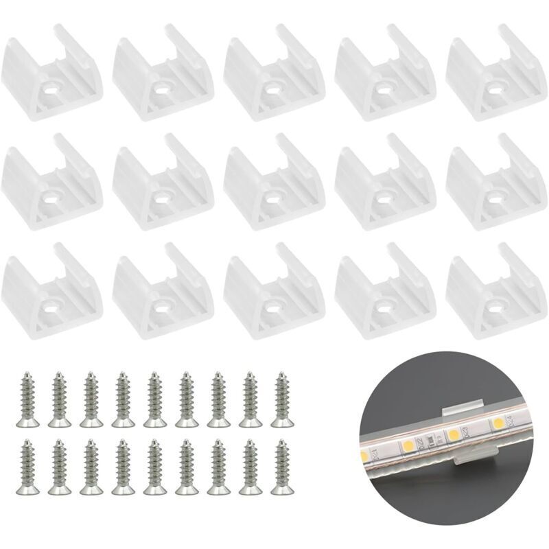 Weiße 50-teilige LED-Streifen-Befestigungsclips, LED-Neon-Montagehalterungen, inklusive Schrauben für 12 mm bis 14 mm Silikon-LED-Neon-Streifen