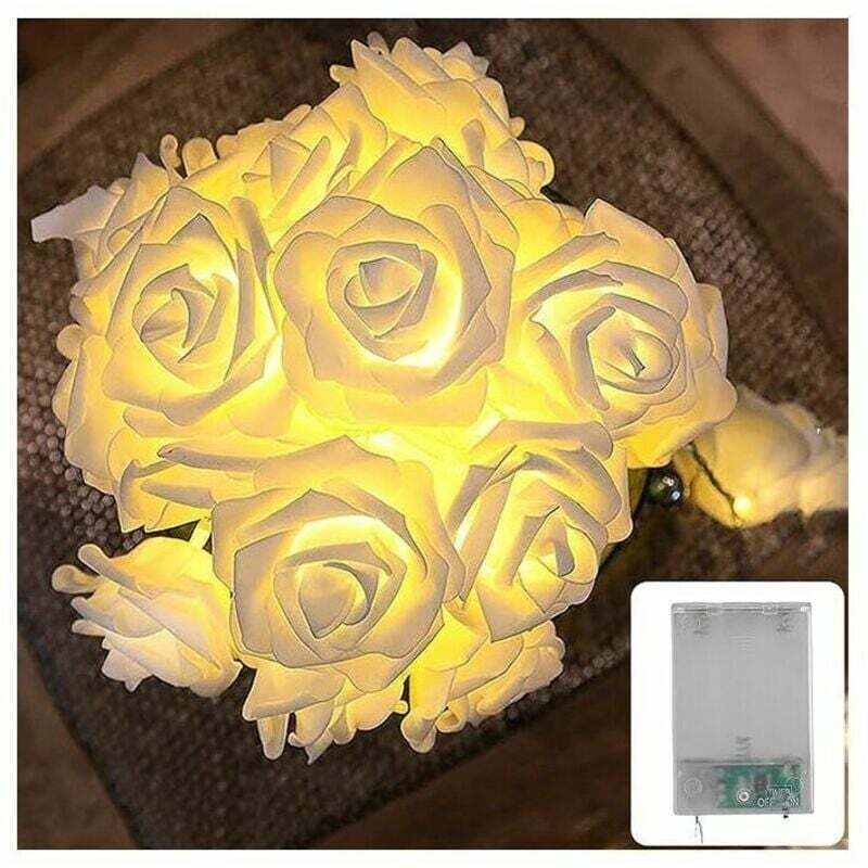 Weiße Rosen-LED-Lichterkette – 3 m, batteriebetrieben, 20 Blumen, warmweiße Rosen-Lichterkette, Dekoration für Schlafzimmer, Schminktisch,