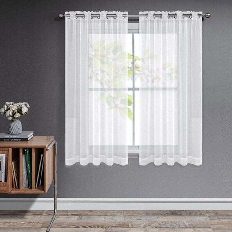 Weiße, transparente Gardinen, 2er-Set, kurze Organza- und Tüllgardinen mit Ösen, lichtdurchlässig, Heimdekoration, Schlafzimmer, Küche (Weiß, 2 x 107