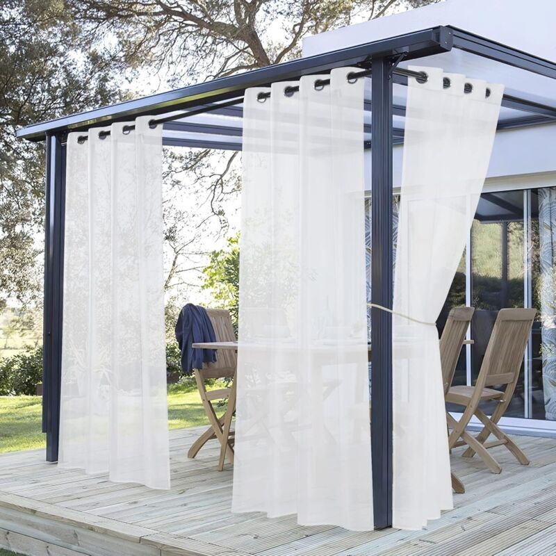 Weiße transparente Vorhänge für die Terrasse – Voile-Vorhänge für den Außenbereich mit Ösen, lichtfilternd für den Garten, B 254 x H 213 cm, Weiß, 1