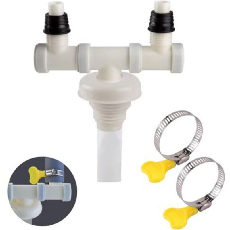 Weiße Waschmaschine mit Doppelablauf, Rückschlagventil für Waschmaschine, Doppelanschluss für Wäschetrockner und Waschmaschine, Anschluss für