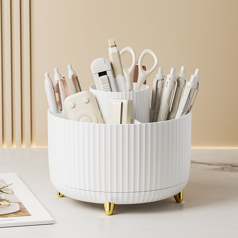 Linghhang - Weißer 360° drehbarer Schreibtisch-Organizer, multifunktionale Kosmetik-Aufbewahrungsbox, Schreibtisch-Organizer, Stiftehalter,