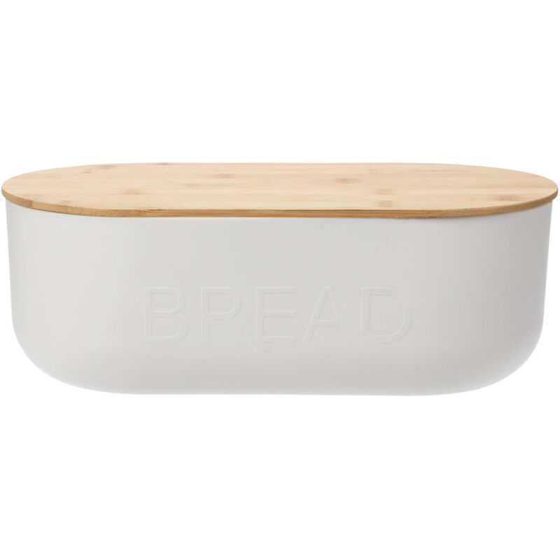 Excellent Houseware - Weißer Brotkasten aus Kunststoff, Bambusdeckel, 35 x 19 x 12 cm