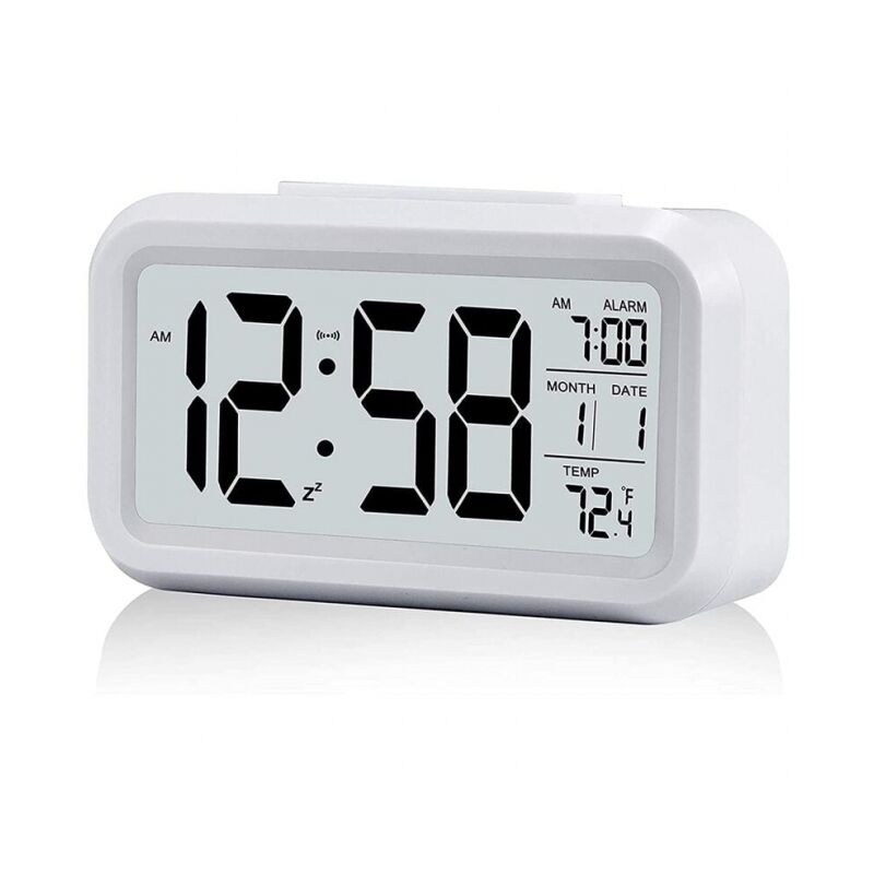 Cyslmuk - Weißer digitaler Wecker mit großer LCD-Temperaturanzeige, batteriebetriebener leiser Wecker mit Schlummerfunktion