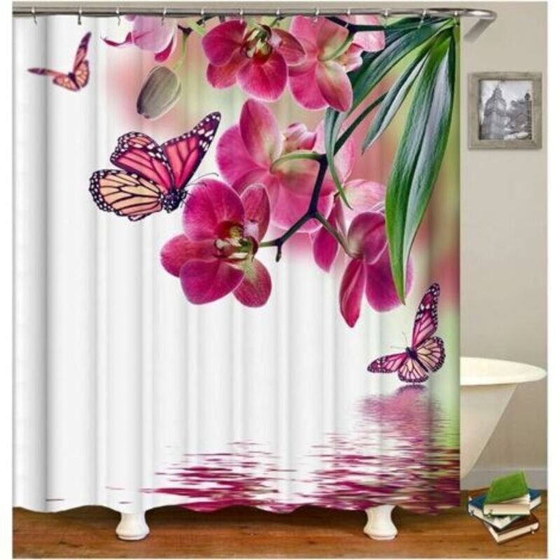 Weißer Duschvorhang mit Haken, rosa geblümter Bambus-Duschvorhang, großer, schimmelresistenter Polyester-Duschvorhang 180 x 200 cm, sonnig