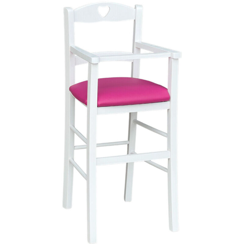 Hochstuhl aus weiß lackiertem Holz mit gepolsterter Sitzfläche aus lila Kunstleder