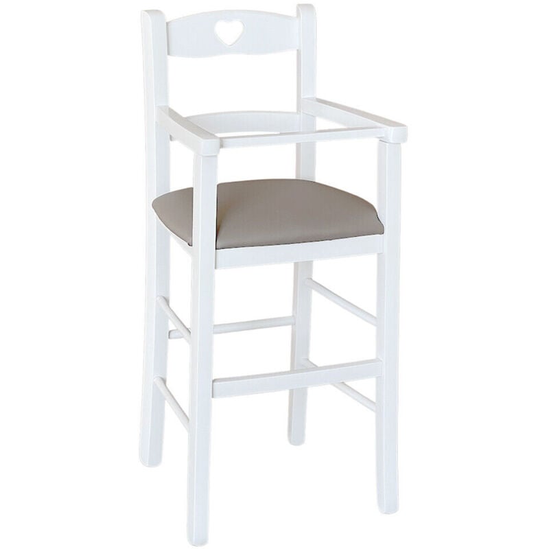 Weißer Hochstuhl aus Holz mit Sitz aus taubengrauem Kunstleder