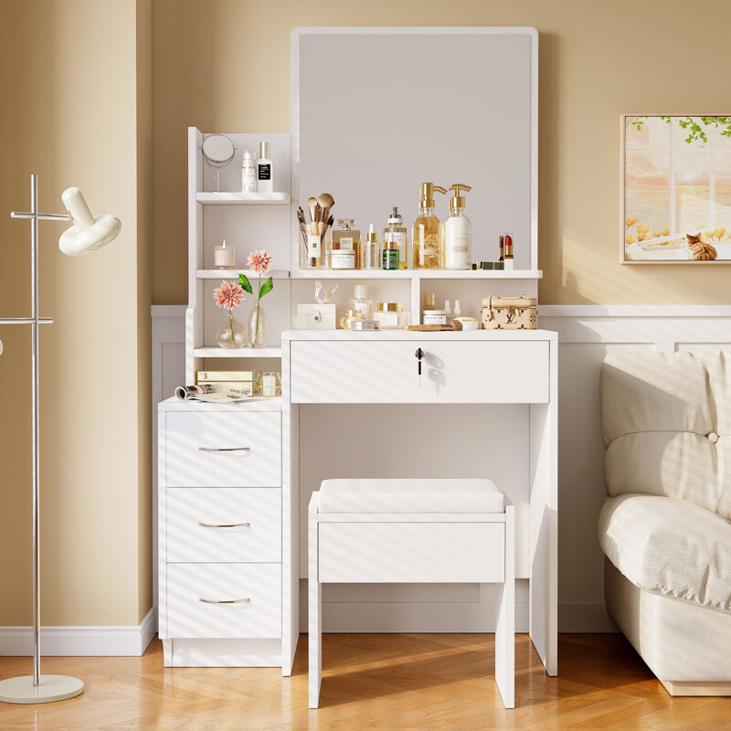 Weißer Schminktisch fürs Schlafzimmer, Schminktisch-Sets mit Spiegel, Hocker und Schubladen, Frisiertisch für Mädchen, 87L x 40B x 144H cm