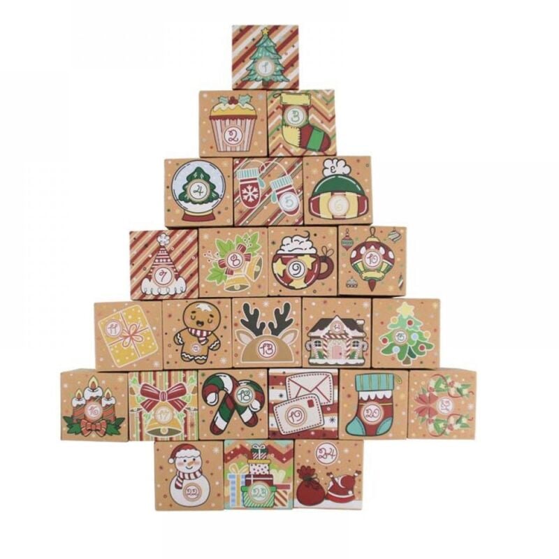 Weihnachtlicher Leerkalender für Kinder 2025 – 24-tägiger Adventskalender aus hübschen Kraftpapierkartons, Countdown, Geschenkbox,