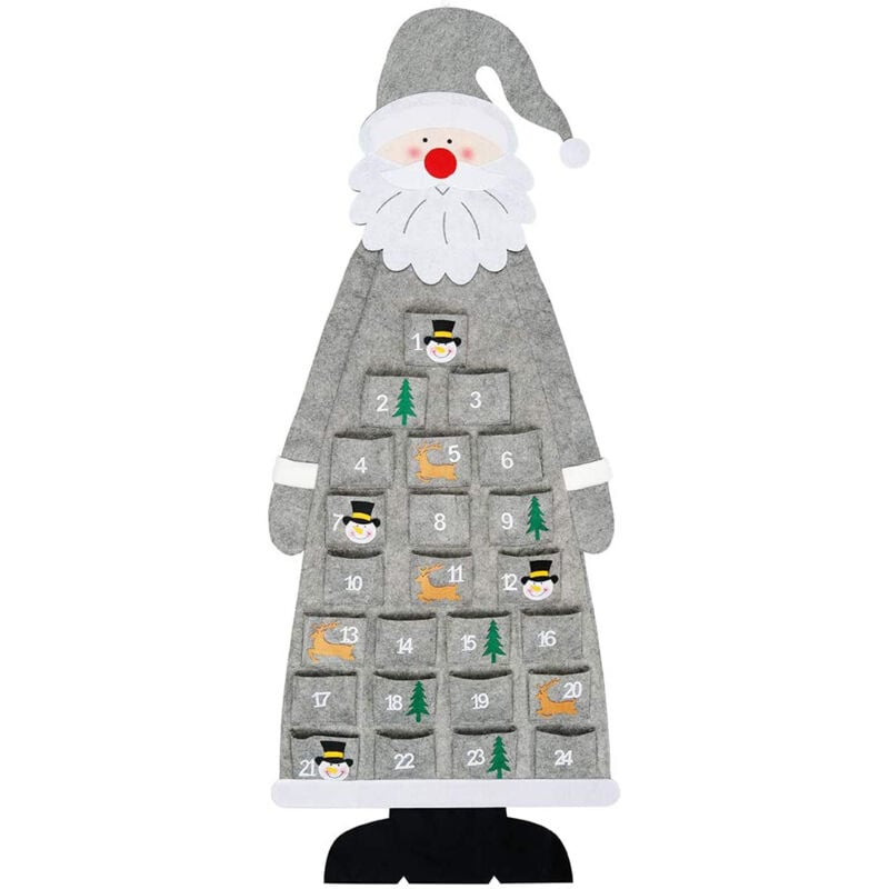 Weihnachts-Adventskalender aus Filz, zum Aufhängen an der Wand, Weihnachtsmann-Adventskalender mit Taschen, 24 Tage, wiederverwendbar, Grau