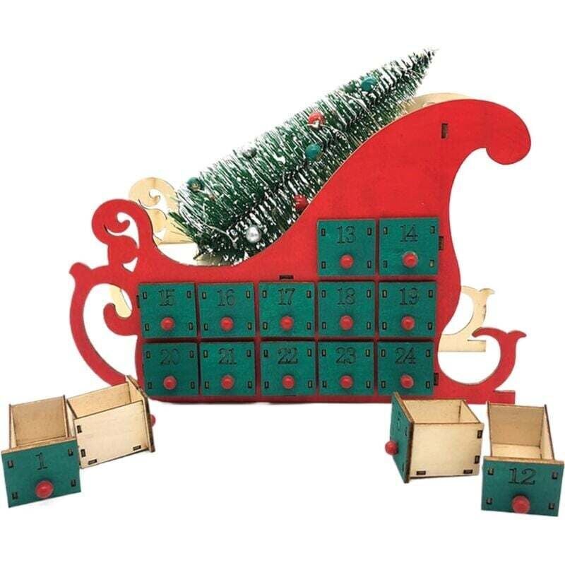 Weihnachts-Adventskalender (Rot/Holzfarben), hölzerner Adventskalender in Schlittenform mit Weihnachtsbaum und 24 leeren Schubladen.