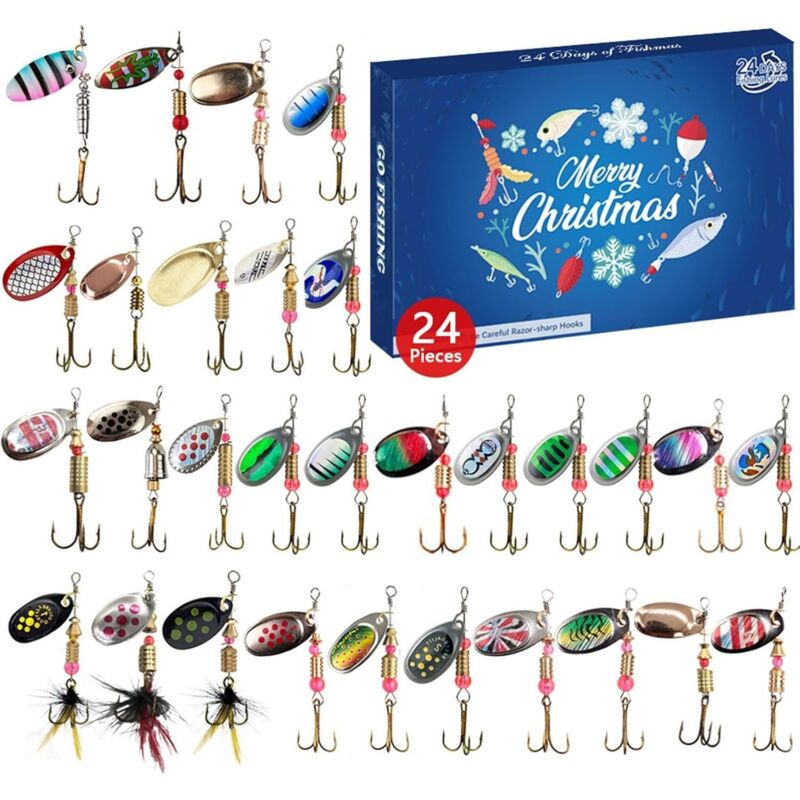 Weihnachts-Angel-Adventskalender 2024 – Angelköder-Set, Angelausrüstung für Erwachsene, Männer, Jungen, Angelzubehör (24 Stück)