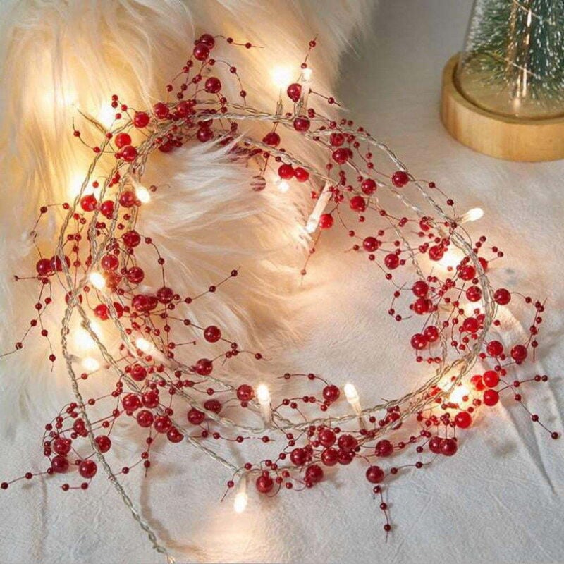 Weihnachts-LED-Lichterkette mit rot/weißen Perlen, Lichterkette, 20 LEDs, 2 m, Weihnachtsbeeren-Girlande, batteriebetriebene LED-Lichterkette für