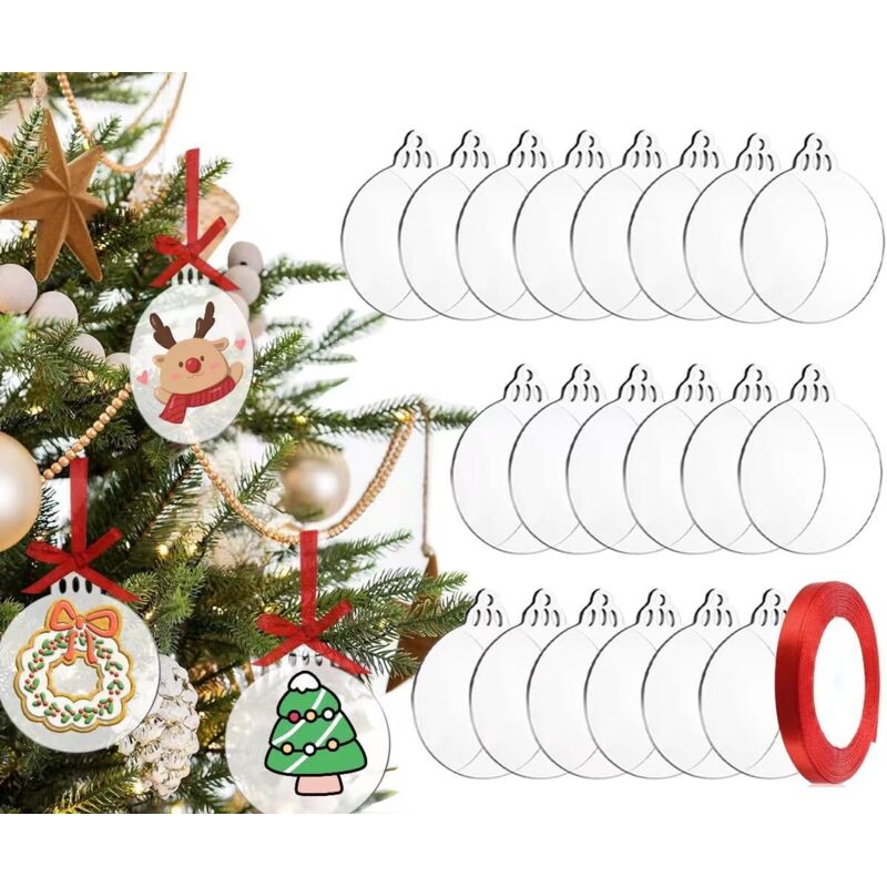 Weihnachtsbaum-Hängeornamente, 20er-Pack runde Acryl-Weihnachtskugeln mit Band, flache Kugeln zum Basteln, transparente Acrylscheiben,