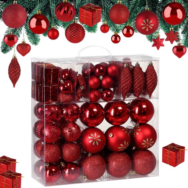 CASARIA® Weihnachtskugeln 103er Set Christbaumkugeln Weihnachtsbaumkugeln Weihnachtsbaumschmuck rot