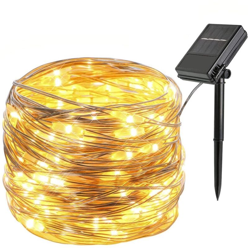 Weihnachtsbeleuchtung, 12 m, 100 LEDs, RGB, 8 Modi, IP45 wasserdicht, Batterie/Solarpanel, warmweiß