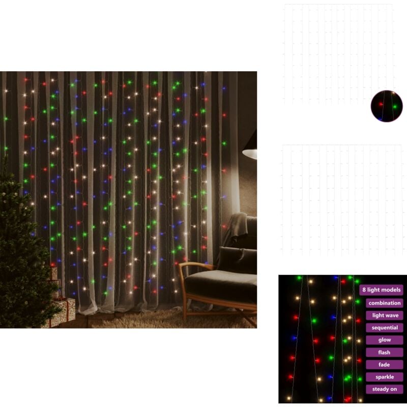 LED-Lichtervorhang 3x3 m 300 led Bunt 8 Funktionen - LED-Vorhang - Lichterketten - Weihnachtsdeko - Outdoor-Beleuchtung - Indoor-Dekoration