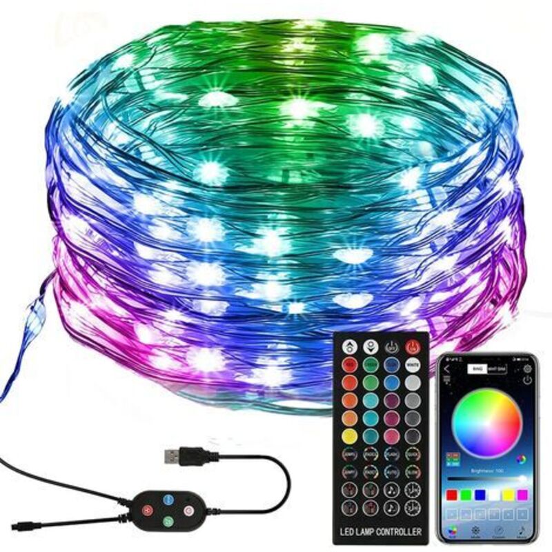 Weihnachtsbeleuchtung, RGB, 15 m, 150 LEDs, Bluetooth-App-Steuerung, Musiksynchronisation, IP44 wasserdicht, einstellbare Helligkeit, USB, mehrfarbig