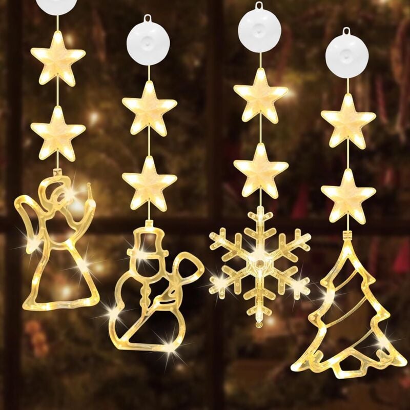 Weihnachtsbeleuchtung,4 LED Fensterdeko Weihnachten Saugnapf Weihnachten Lichter Schneeflocken, Schneemann,Engel Weihnachtsbaum Weihnachtlichen