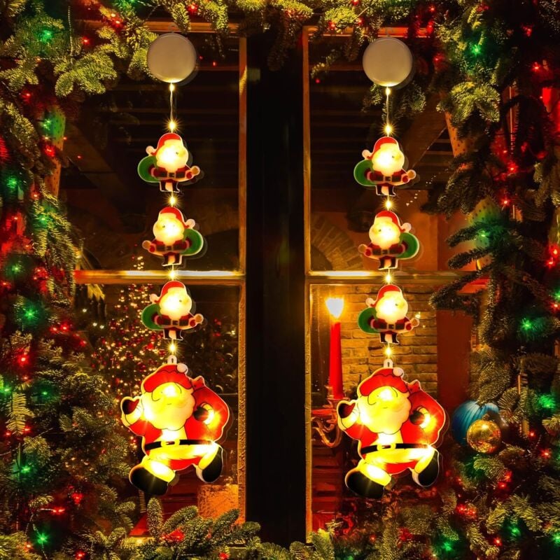 Weihnachtsdeko-Fensterlichter, 2 Stück, LED-Weihnachtsmann-Lichter für den Innenbereich, batteriebetrieben, hängende Saugnapf-Lampe, Lichterkette,