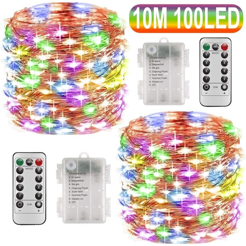 Weihnachtsdekoration Raumdekoration Beleuchtung Kupferdraht Lampenkette + wasserdichte Batteriebox + Fernbedienung 10 Meter 100 Lichter 2 Stück Farbe