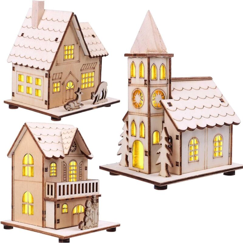 Weihnachtsdorf-Häuschen aus Holz mit LED-Beleuchtung, 3-teilig, Miniatur-Tischdekoration mit Beleuchtung, festliche Baumdekoration