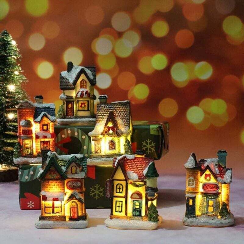 Weihnachtsdorf mit Beleuchtung, LED-Weihnachtslaterne, Weihnachtsdeko, amerikanische Lichterkette, Weihnachtsbasteln, batteriebetrieben (5-teiliges