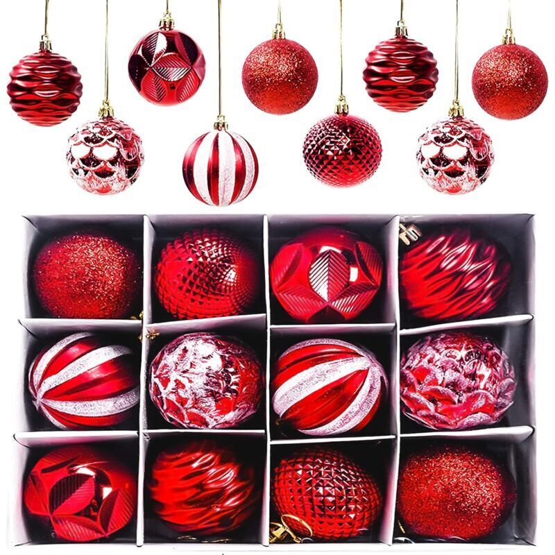 Weihnachtskugeln, 12 Stück, Christbaumkugeln, matte und glänzende Christbaumschmuck, glitzernde Christbaumkugeln (rot)