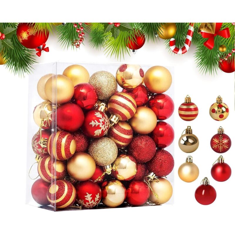 Weihnachtskugeln, 50 Stück Weihnachtsbaumdekorationen, rote und goldene Weihnachtskugeln, Weihnachtsbaumkugeln mit Band für Weihnachtsdekoration,
