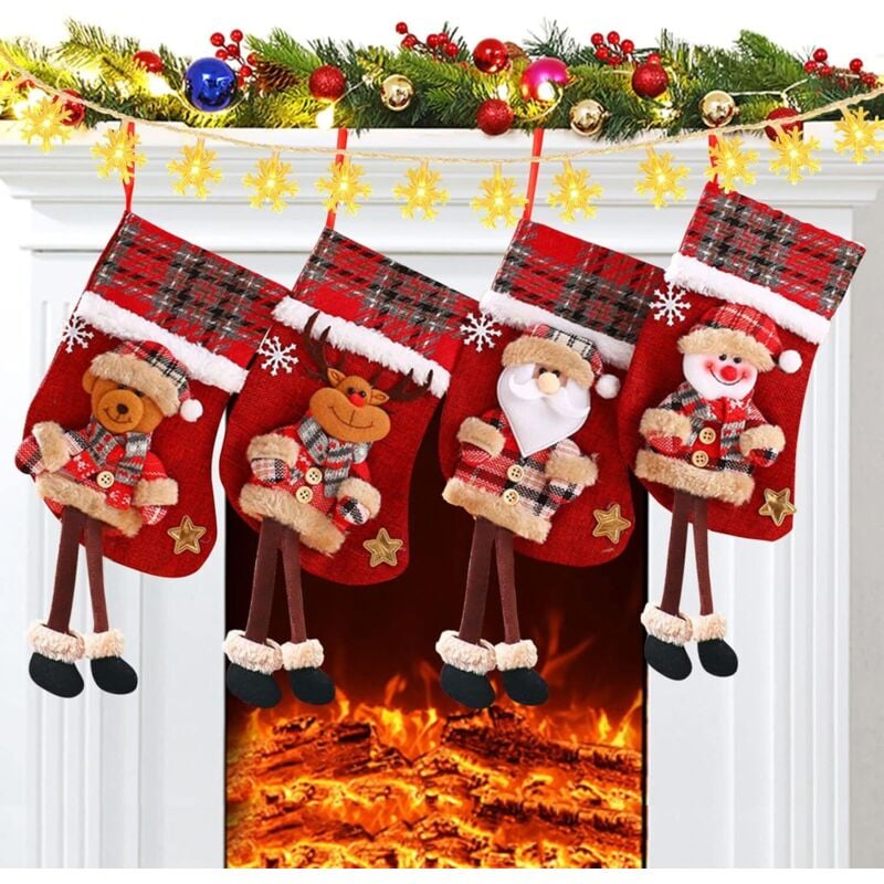 Weihnachtsstrumpf 30 cm, 4 Stück Weihnachtsstrümpfe, Süßigkeitentüte als Weihnachtsstrumpfdekoration, Weihnachtsbaumschmuck usw