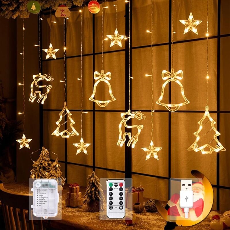 Weihnachtsvorhanglichter, 3,5 m lange Lichterkette mit Elchglocken, 8 Modi, USB-Lichterkette und Fernbedienung für Schlafzimmerfenster, Hochzeit,