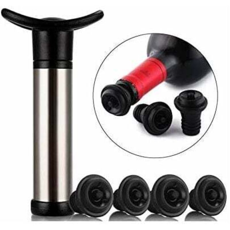 Weinpumpe/Vakuumpumpe aus Edelstahl. Diese Weinpumpe dient der Weinkonservierung, indem sie die Luft entfernt und ein Vakuum erzeugt. Inklusive 4