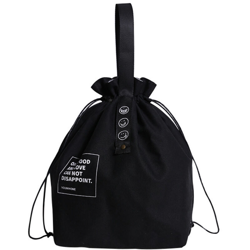 Isolierte Bento-Tasche aus Canvas mit großer Öffnung, Lunchbox mit Kordelzug, Schultasche, Picknicktasche, Campingtasche, Küchenzubehör (schwarz)