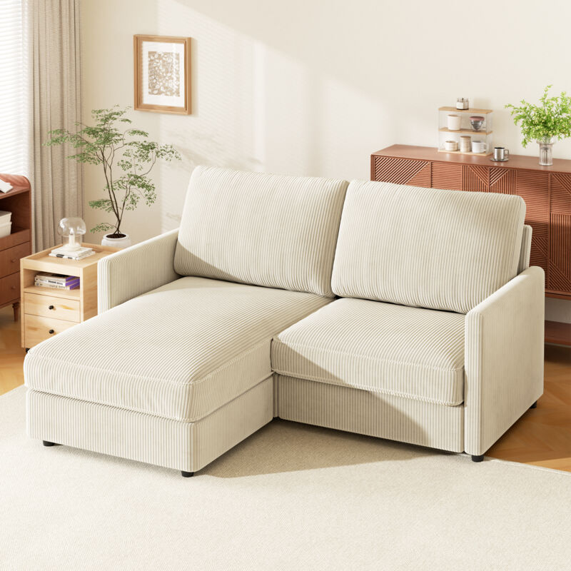 Wendbares 2-Sitzer-Ecksofa aus Cord, bequemes L-förmiges Ecksofa für das Wohnzimmer, 180 x 137 x 84 cm, Beige