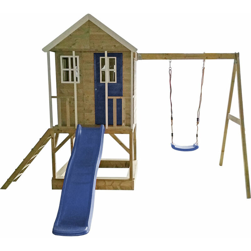 Wendi Toys - Holz Stelzenhaus Alpaka mit Rutsche, Schaukel und Sandkasten Natur 290x350x242 cm