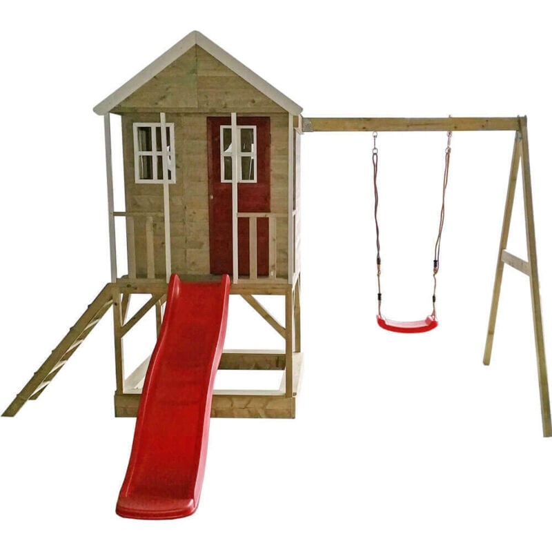 Wendi Toys - Holz Stelzenhaus Alpaka mit roter Rutsche, Schaukel und Sandkasten Natur 290x350x242 cm