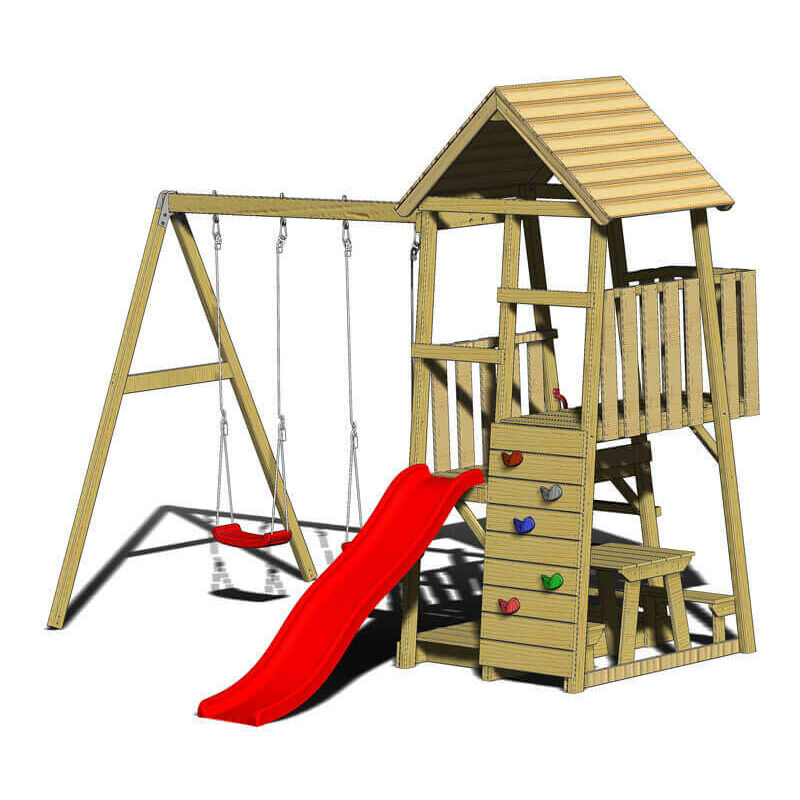Wendi Toys - Holz Spielturm Flamingo mit Rutsche, Kletterwand, 2 Schaukeln & Picknicktisch Natur 280x340x270 cm