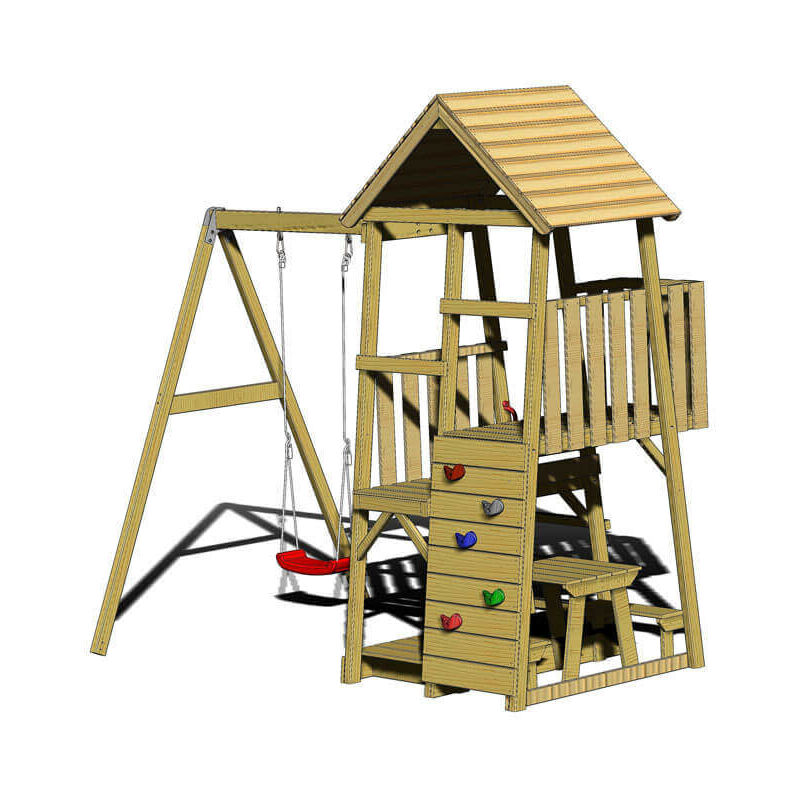 Wendi Toys - Holz Spielturm Gorilla mit Rutsche, Kletterwand, Schaukel und Picknicktisch Natur 290x270x270 cm