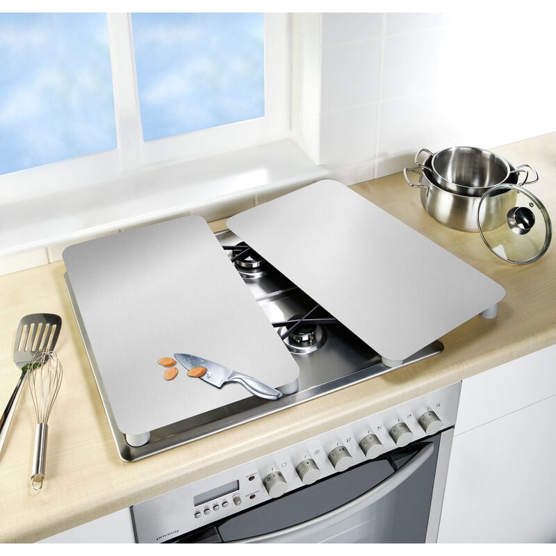 Herdabdeckplatten Universal Silber 2er Set, für alle Herdarten, Silber glänzend, Gehärtetes Glas silber, Kunststoff (tpe) hellgrau - silber glänzend