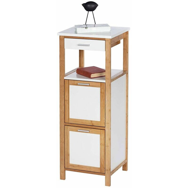 Regal Finja aus Bambus mit 2 Ablagen, 2 Fächern und Schublade, 34 x 89 x 30 cm, Braun, Bambus braun, mdf weiß - braun - Wenko