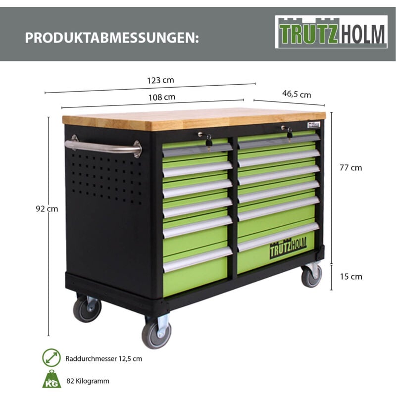 Trutzholm ® - Werkstattwagen deluxe 2 x 6 Schubladen bestückt 92x123 cm mit massiver Arbeitsplatte