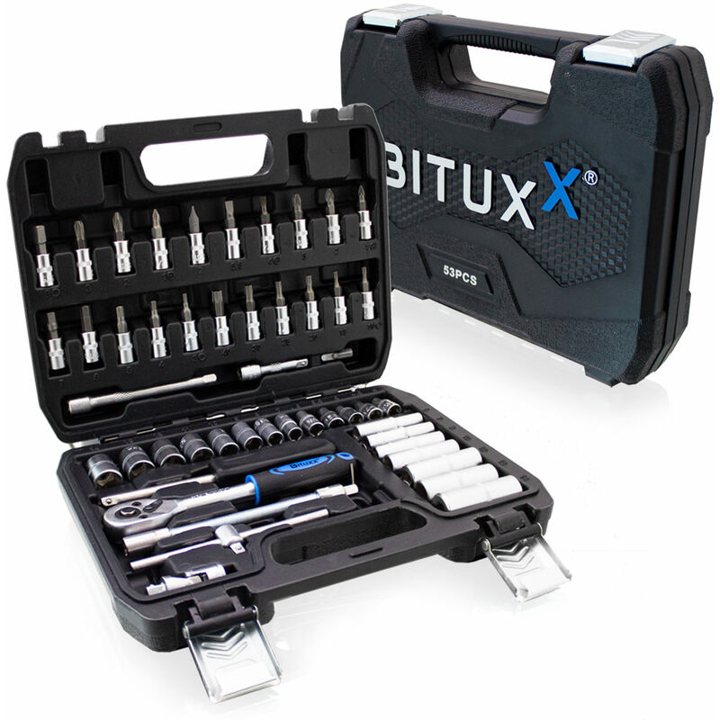 Bituxx - Werkzeugkoffer 53 tlg Knarrenkasten Ratschenkasten Nusskasten Stecknuss 1/4' Ratschen Set inkl. Nüsse und Adapter