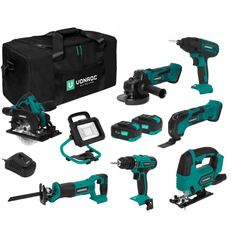 Vonroc - Werkzeugset 20V - 4.0Ah Inkl. 7 Maschinen, 2 Akkus und einem Ladegerät