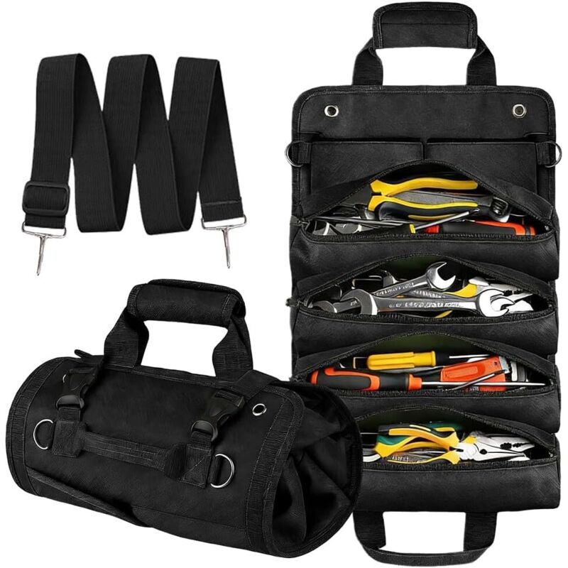 Werkzeugtasche zum Aufrollen – Geschenk für Männer – Schraubenschlüssel aus Canvas – Handgefertigtes Geschenk – Schwarz