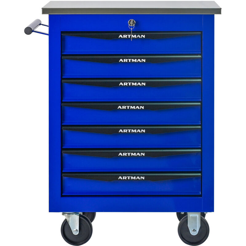 Werkzeugwagen mit 7 Schubladen, multifunktional, rollbar, Metall-Werkstattwagen mit Edelstahlarbeitsplatte für Garage und Werkstatt, Schwarz & Blau