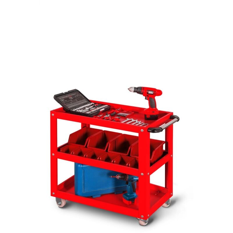 Werkzeugwagen Werkstattwagen Rollwagen Lagerwagen Etagenwagen Handgriff Pulverbeschichtung flexibel offen 78 cm x 70 cm x 40 cm (h x b x t) (Rot)