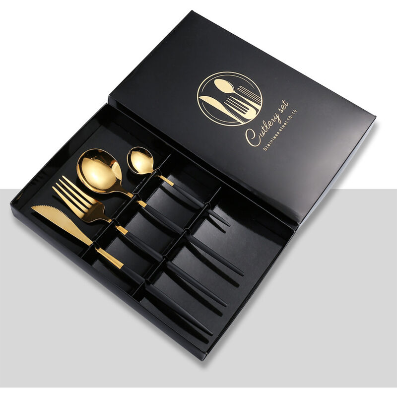 Western Edelstahl Steak Messer Gabel Löffel Stäbchen Besteck Set Schwarz Gold